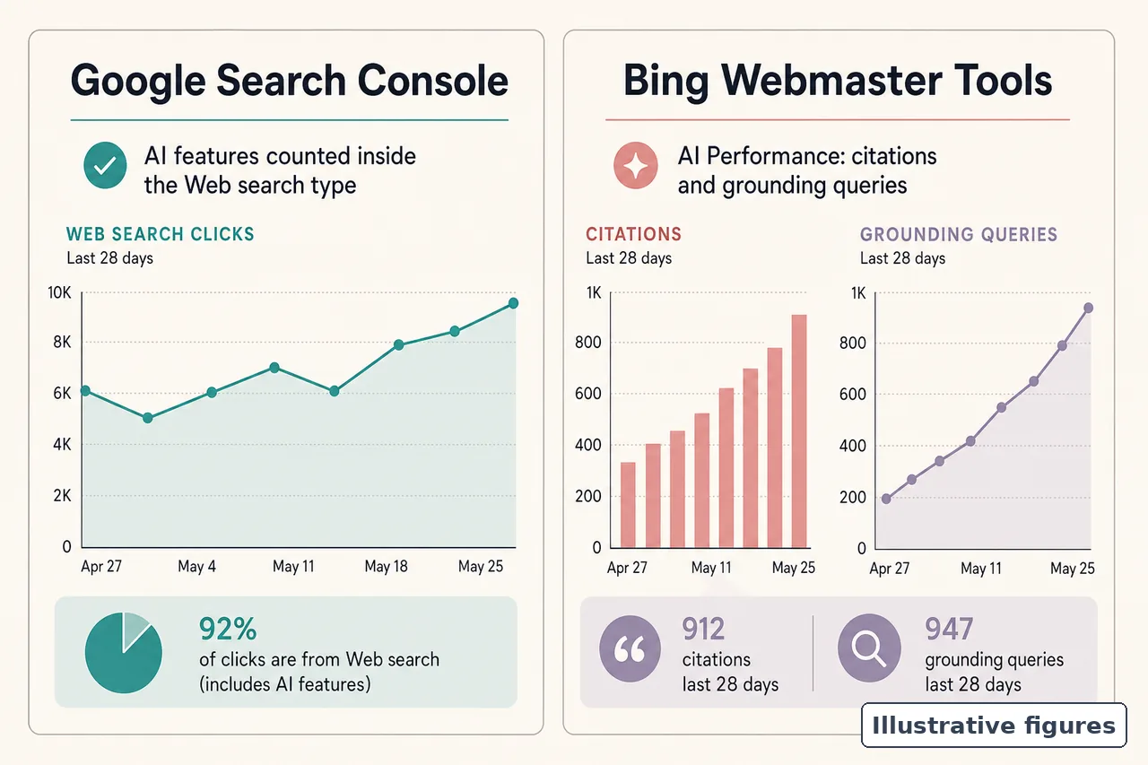Illustrative panels comparing Search Console and Bing AI Performance reporting