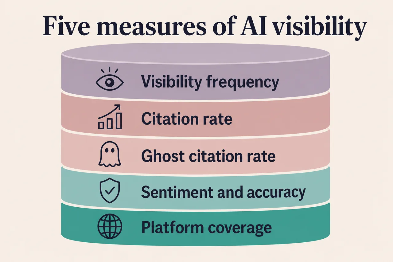 Five stacked measures used when measuring visibility in AI search